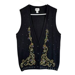 Granny Core Vintage Beaded Ugly Christmas Vest Sequin Shiny Holiday Sweater MED